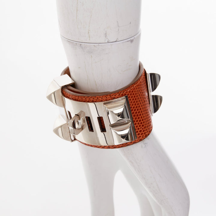 HERMES Collier de Chien tan brown salvage lizard silver medor cuff bracelet