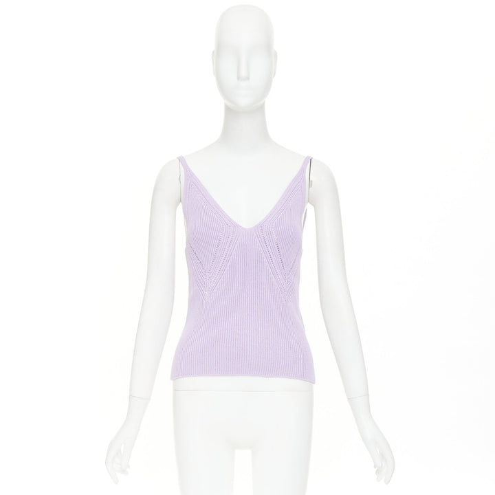 JIL SANDER lilac purple chevron pointelle ribbed knit v neck tank top FR32 XXS