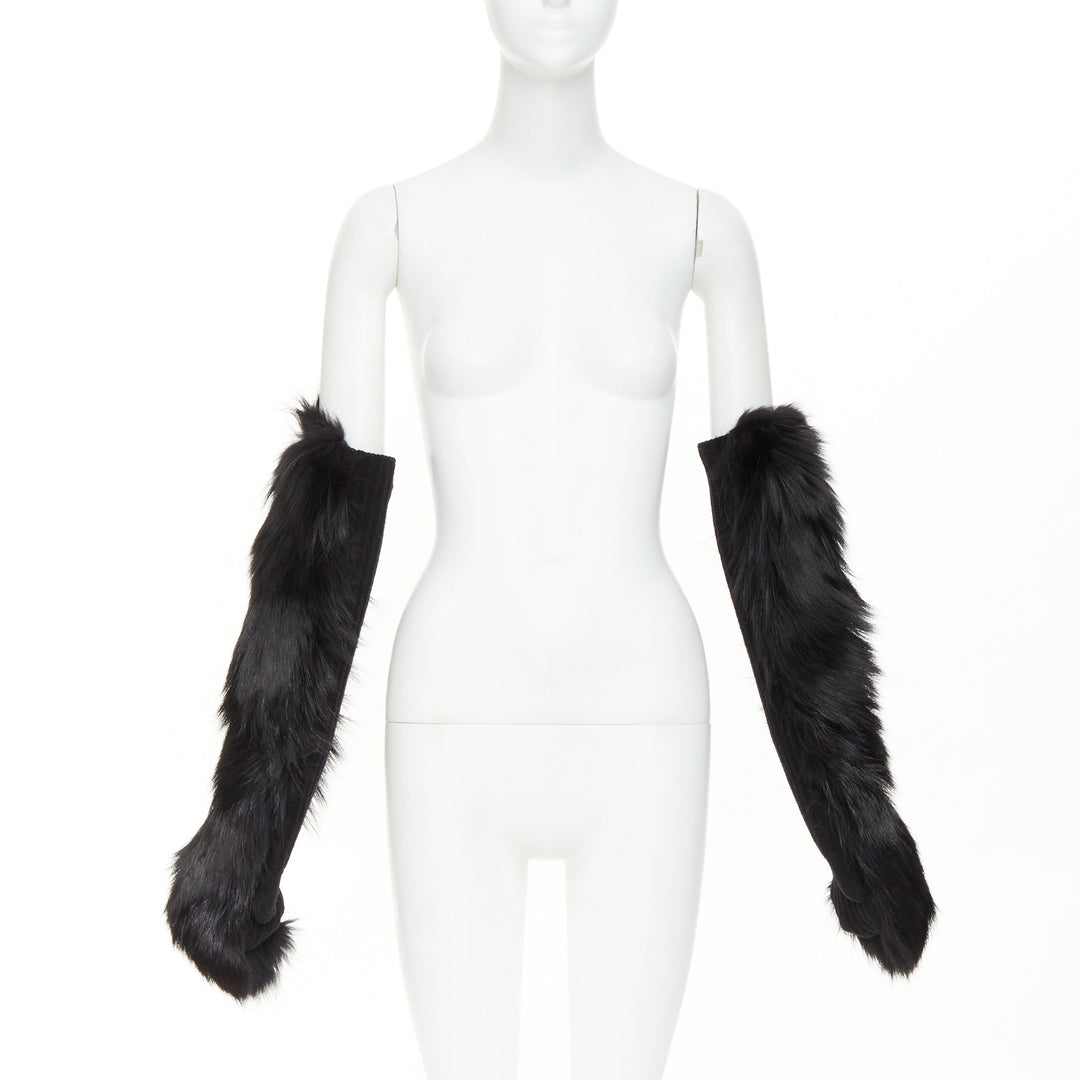 BALENCIAGA black genuine  fur chunky wool ribbed long opera gloves