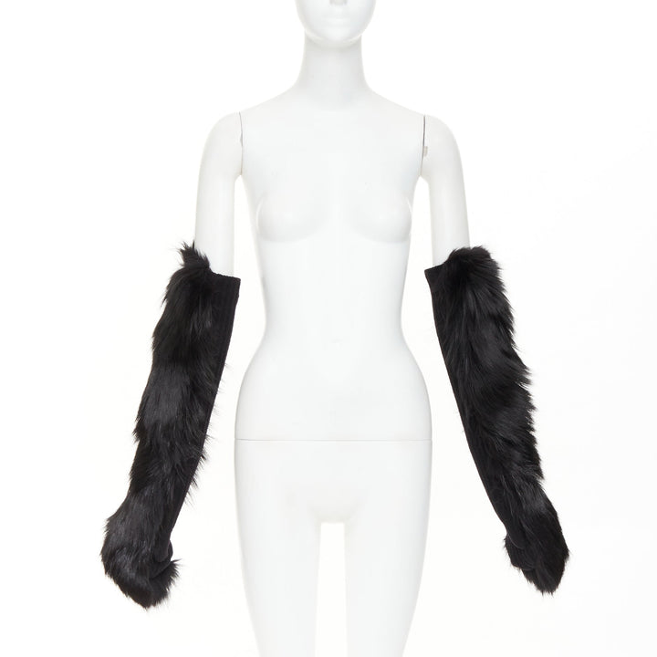 BALENCIAGA black genuine  fur chunky wool ribbed long opera gloves