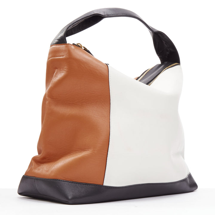 MARNI brown white black colorblock leather double gold zip tote bag