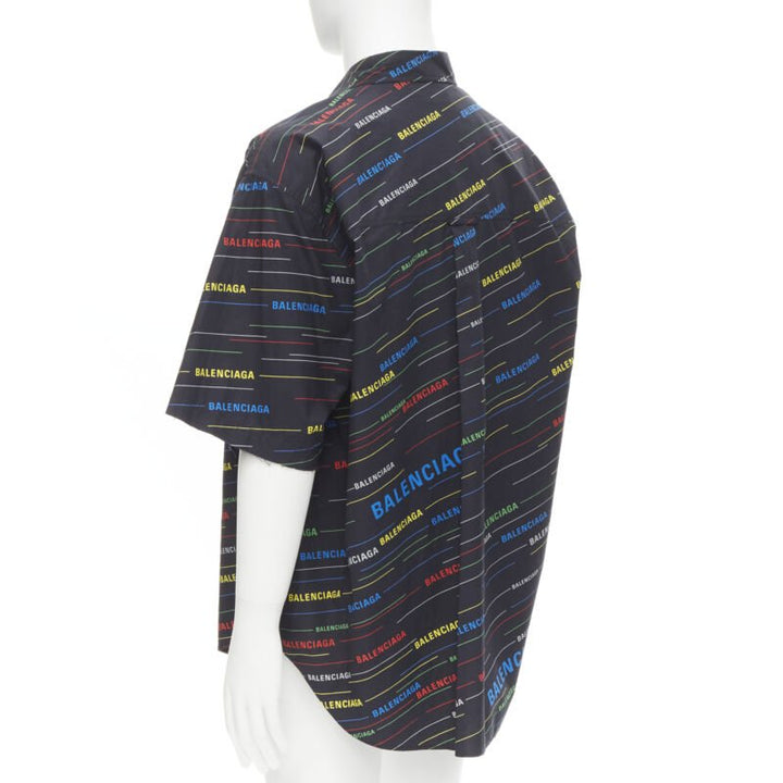 BALENCIAGA black multicolor logo monogram stipe print boxy shirt EU40 M