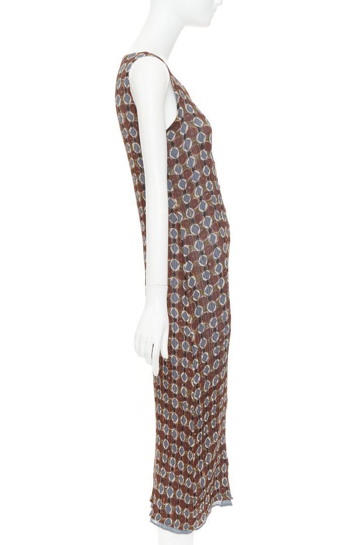 ISSEY MIYAKE Vintage Ajrakh brown blue tile print metallic ruffle pleat dress S