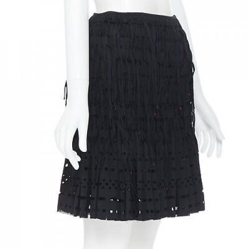 ALAIA black geometric cut out pleated shirred red bead fringe skirt FR38 M