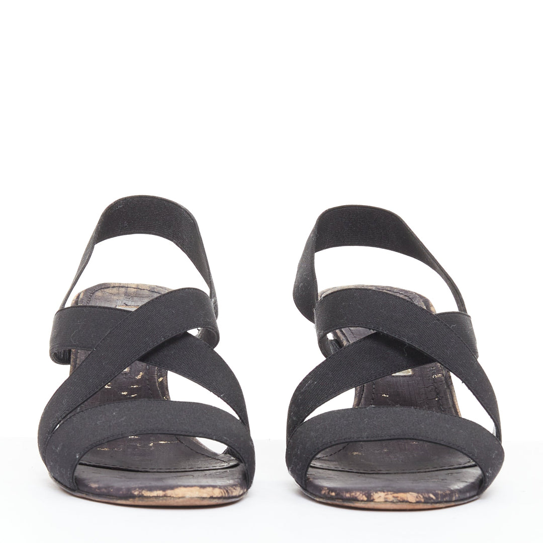 MANOLO BLAHNIK black elastic strap cork sole spool mid sandals EU37
