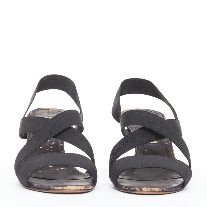MANOLO BLAHNIK black elastic strap cork sole spool mid sandals EU37