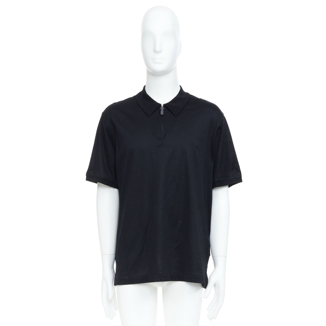 BRIONI Golf black cotton embroidered logo half zip short sleeve polo shirt 4XL