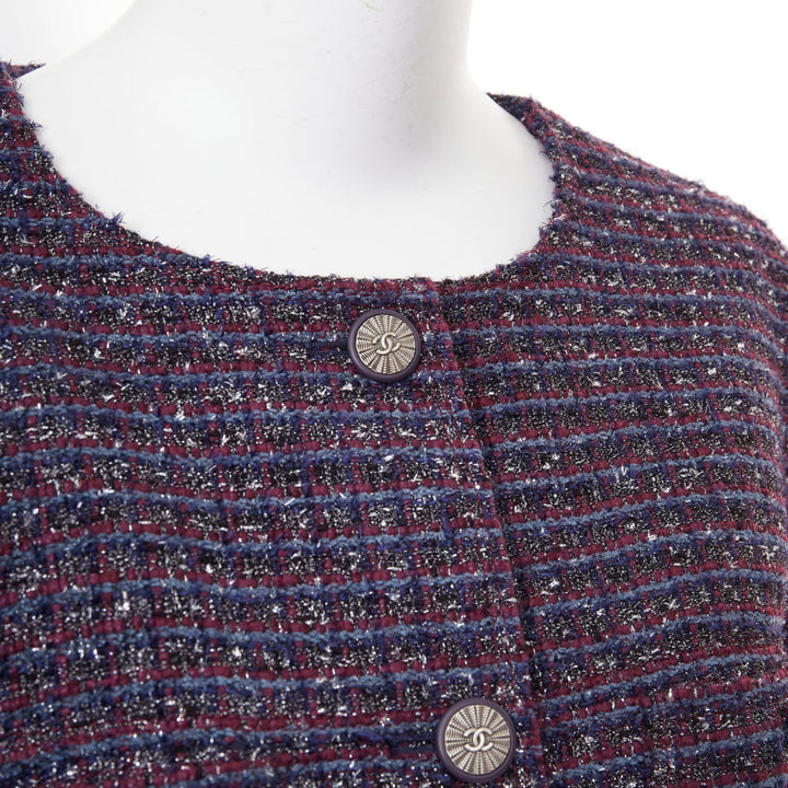 CHANEL 2014 purple metallic CC button four pocket collarless tweed coat FR44