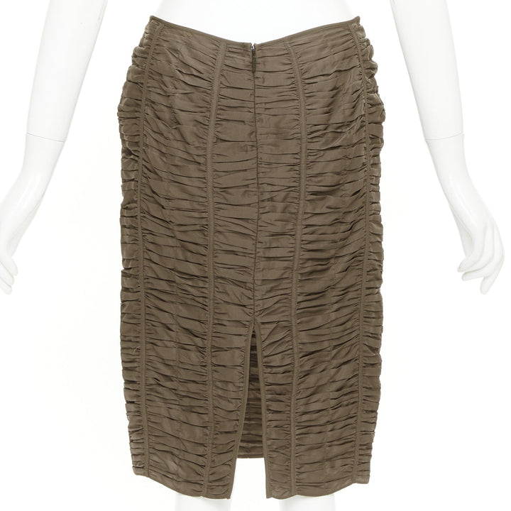 GUCCI 2001 Runway Tom Ford brown 100% silk ruched silk panel pencil skirt IT40 S