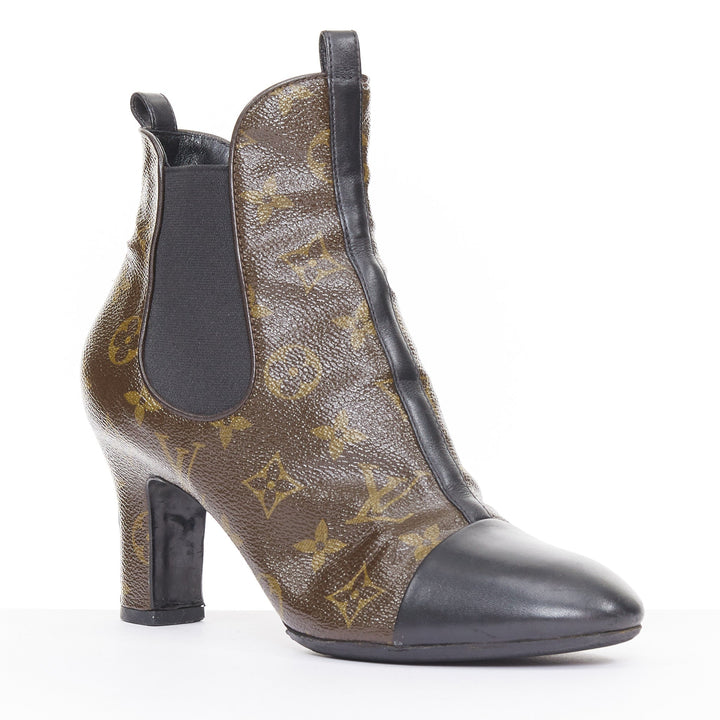 LOUIS VUITTON 2016 Revival monogram canvas patent cap toe Chelsea boots EU38 US8