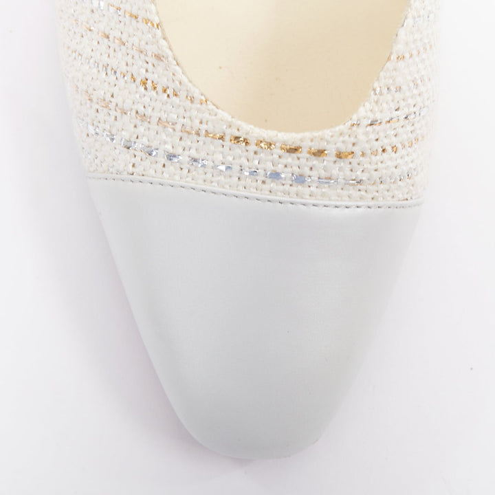CHANEL white silver gold metallic tweed CC logo block slingback pumps EU39