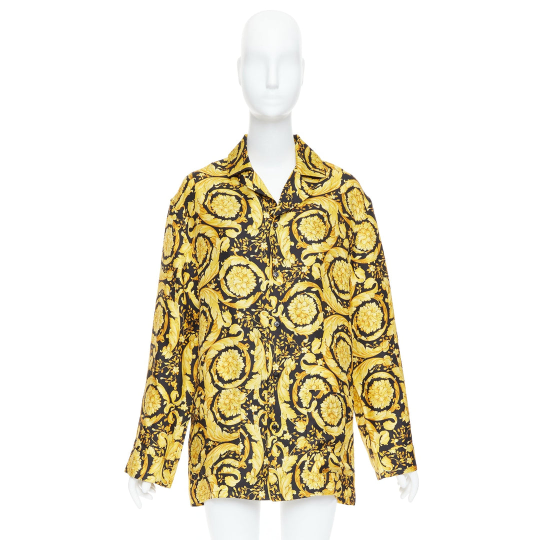 VERSACE 100% silk Signature Barocco Baroque black gold print pajama shirt Sz2 M