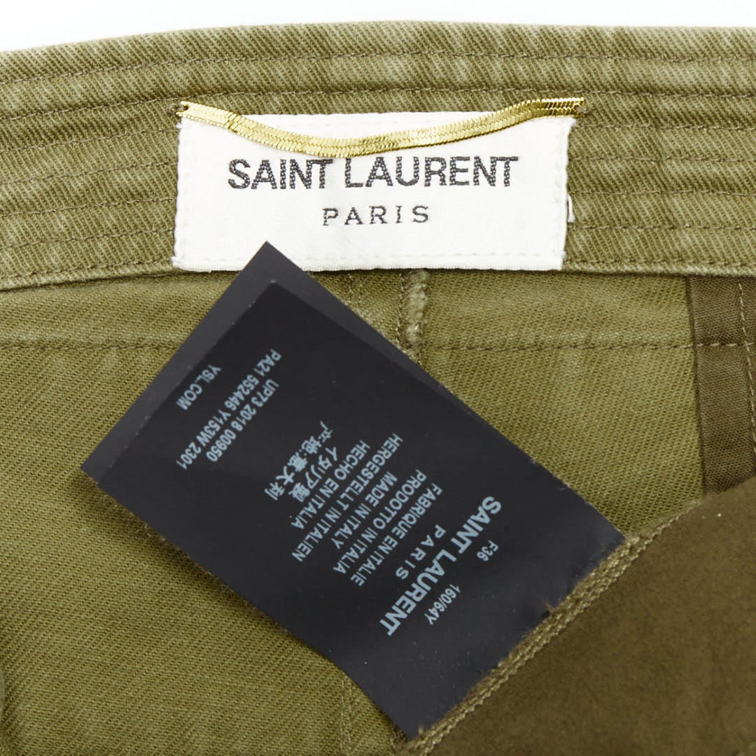 SAINT LAURENT 2018 green gold cotton ramie embroidered military shorts FR36 S