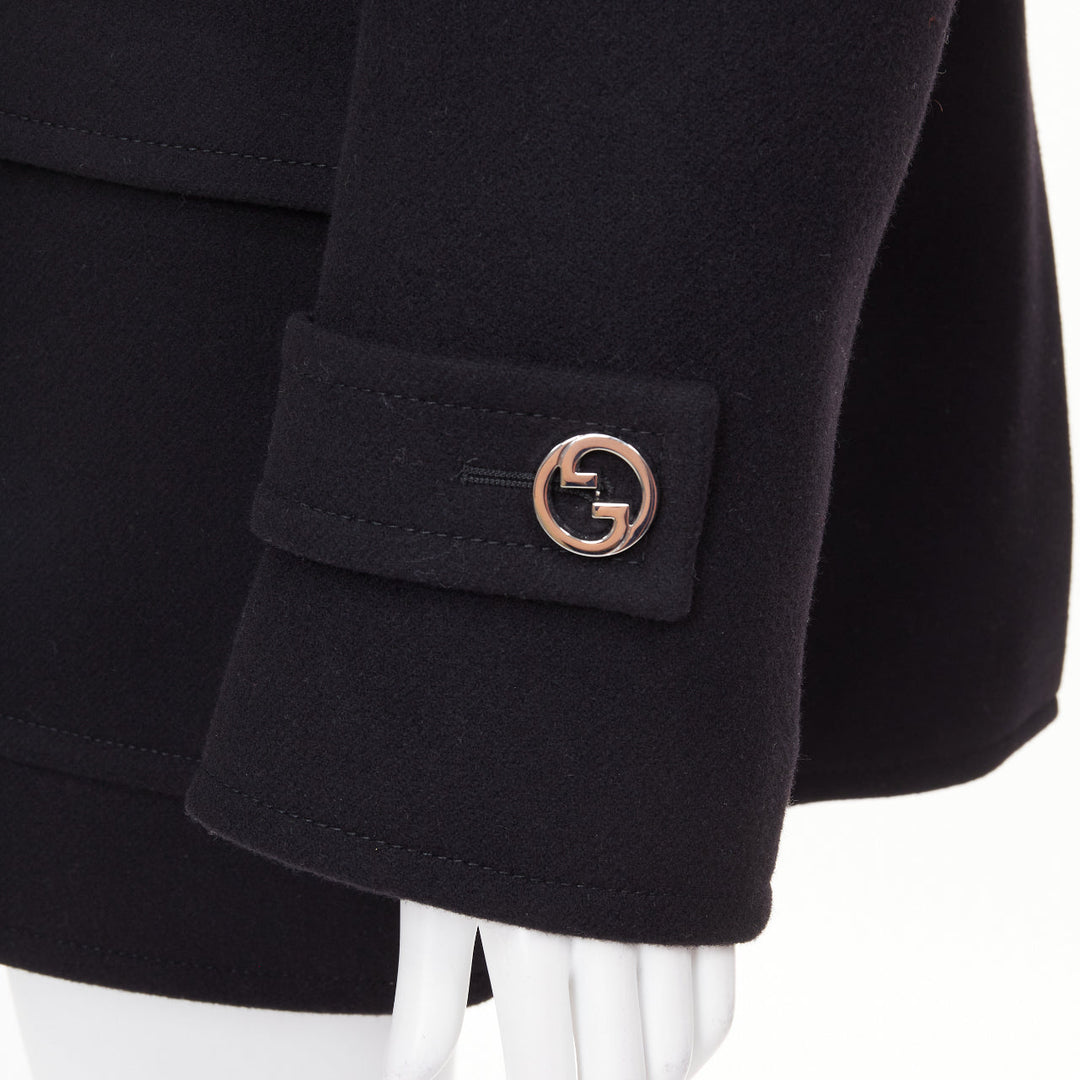GUCCI 2024 Runway G gold button black batavia wool double breasted coat IT40 S