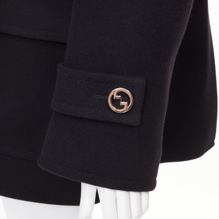 GUCCI 2024 Runway G gold button black batavia wool double breasted coat IT40 S