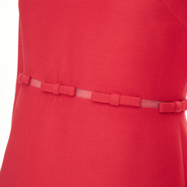 VALENTINO  red wool silk crepe ribbon mesh waist cocktail dress IT40 S
