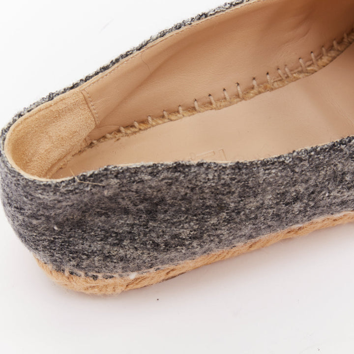 CHANEL 2021 grey wool felt black CC velvet applique espadrille flats EU39