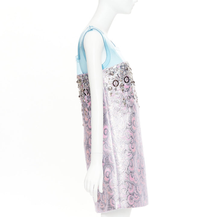 rare MIU MIU 2014 Runway blue PVC metallic purple wool A-line dress IT40 S