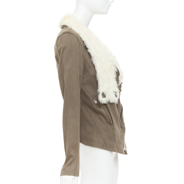 HELMUT LANG cream lambskin fur collar brown cotton blend flare jacket M