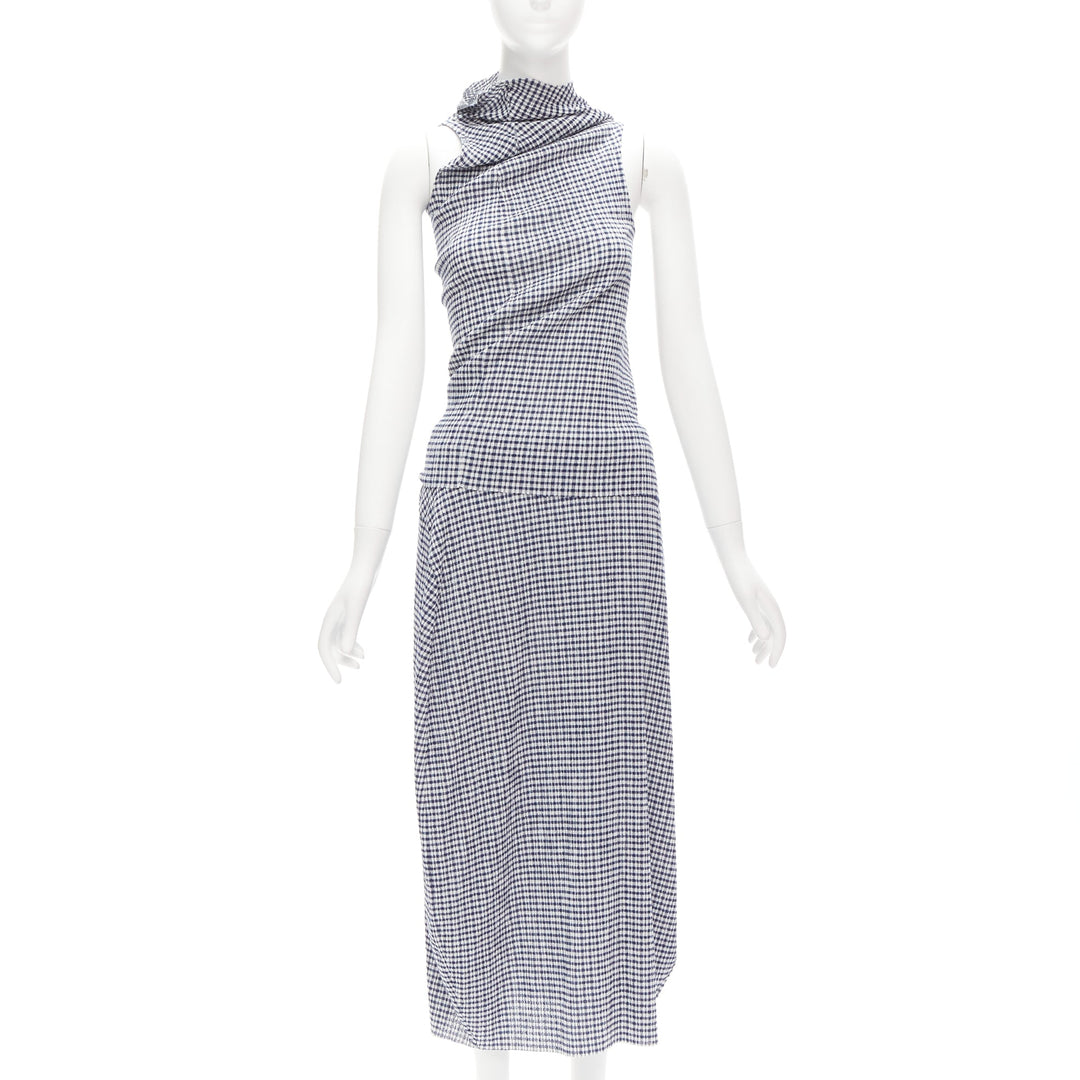 JIL SANDER blue white gingham crinkled asymmetric top skirt set FR34 XS