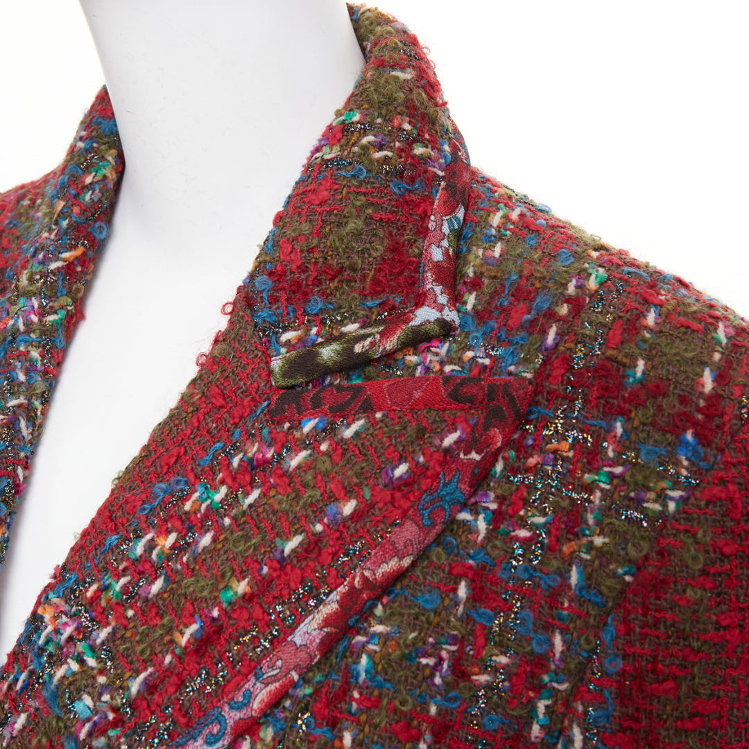 CHRISTIAN LACROIX BAZAR 1996 red plaid tweed crest button blazer jacket FR44 XL
