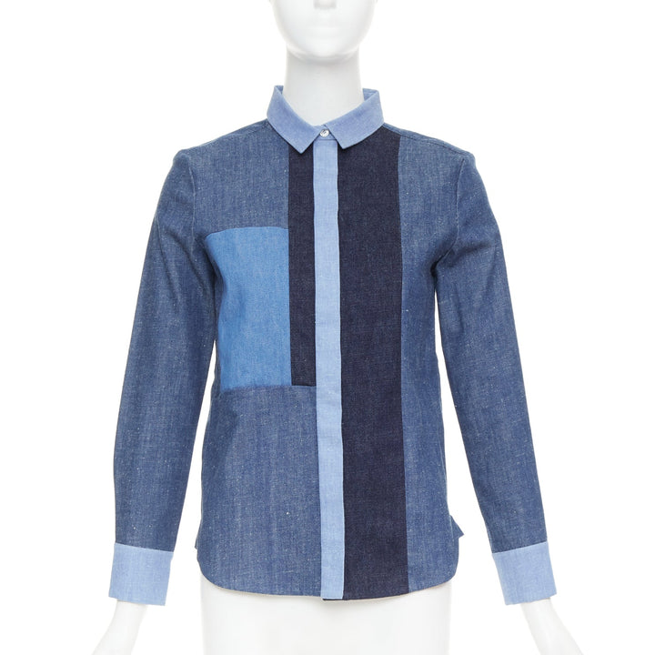 OLD CELINE Phoebe Philo 2011 Runway blue patchwork denim button-up shirt FR36 S