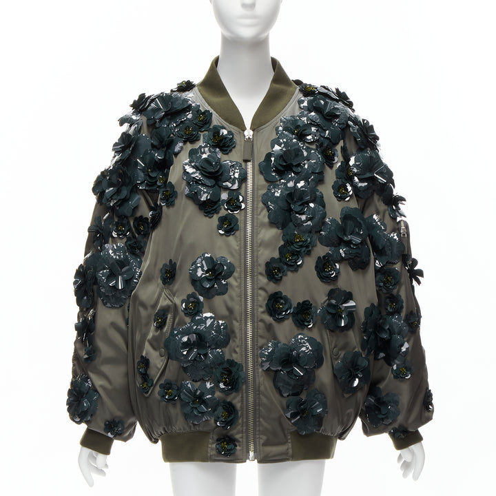 PRADA 2022 Runway Re-nylon green flower applique oversized bomber jacket XS