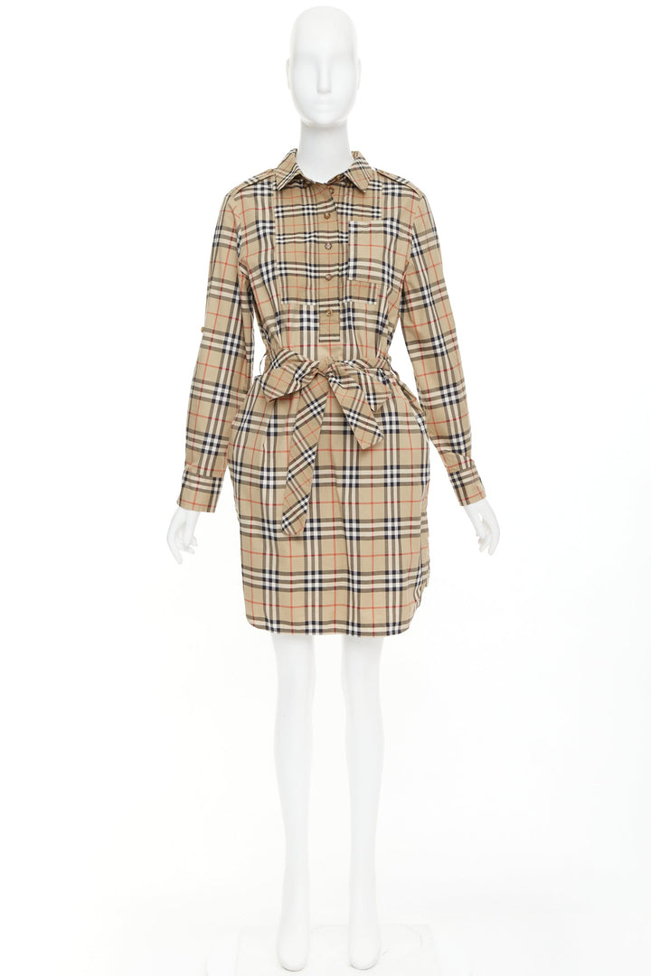 BURBERRY Archive Beige Vintage Check cotton button down belt shirt dress UK10 S