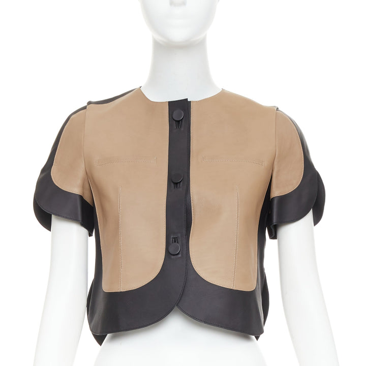MARNI tan black calf leather curved panel petal sleeves cropped jacket IT38 XS