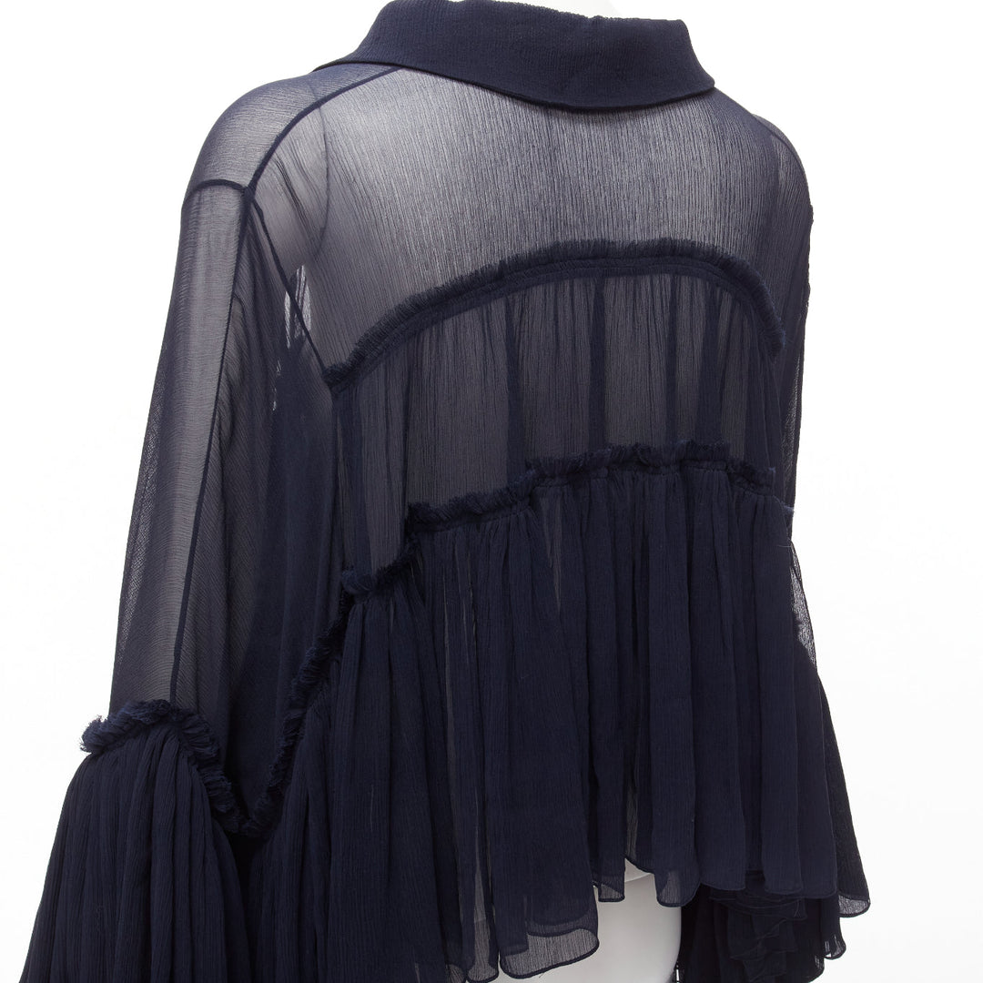 CHLOE 2015 Runway navy silk chiffon voluminous ruffle tie neck boho blouse