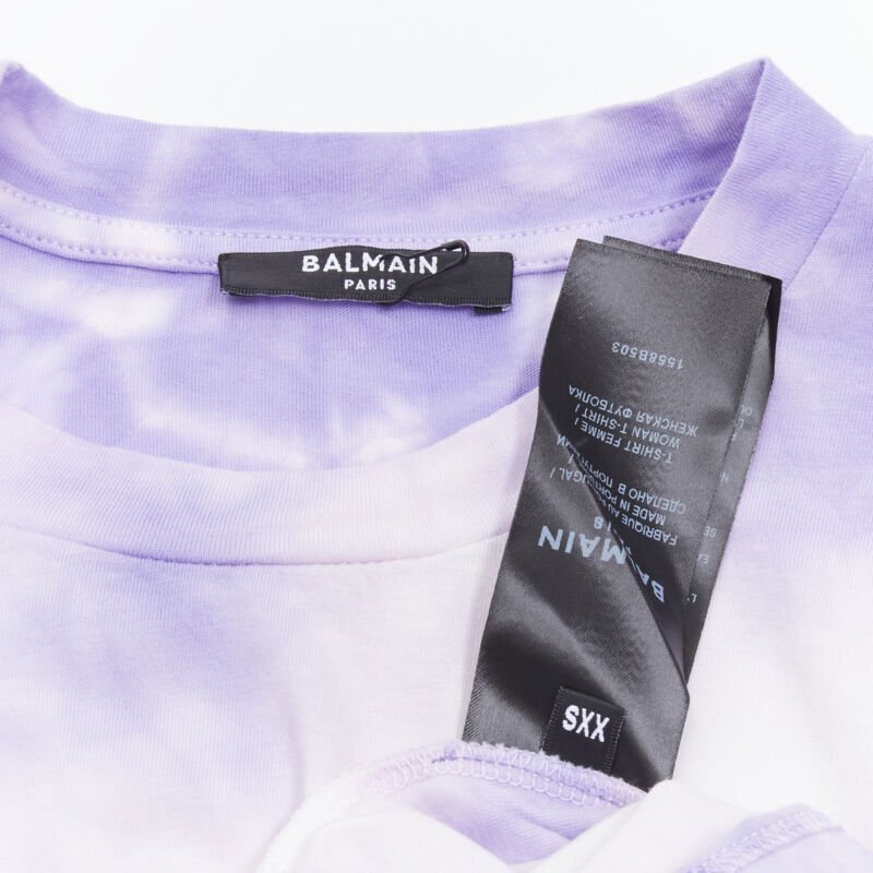 BALMAIN cotton purple tie dye Depuis 1945 logo 80's retro crew neck tshirt XXS