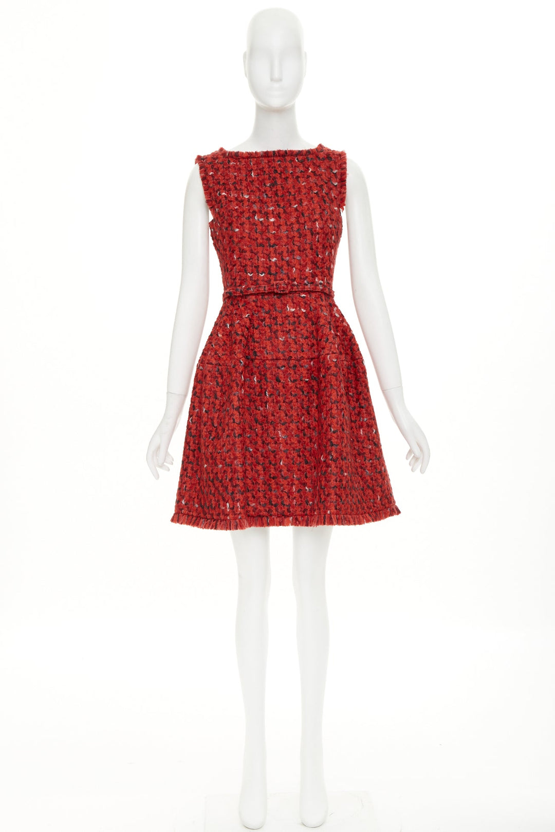 OSCAR DE LA RENTA F17 Boucle tweed red wool cotton silk lined flare dress US6 M