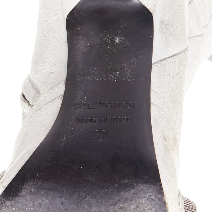 BALENCIAGA Cagole 100 white moto stud textured leather studded tall boots EU38