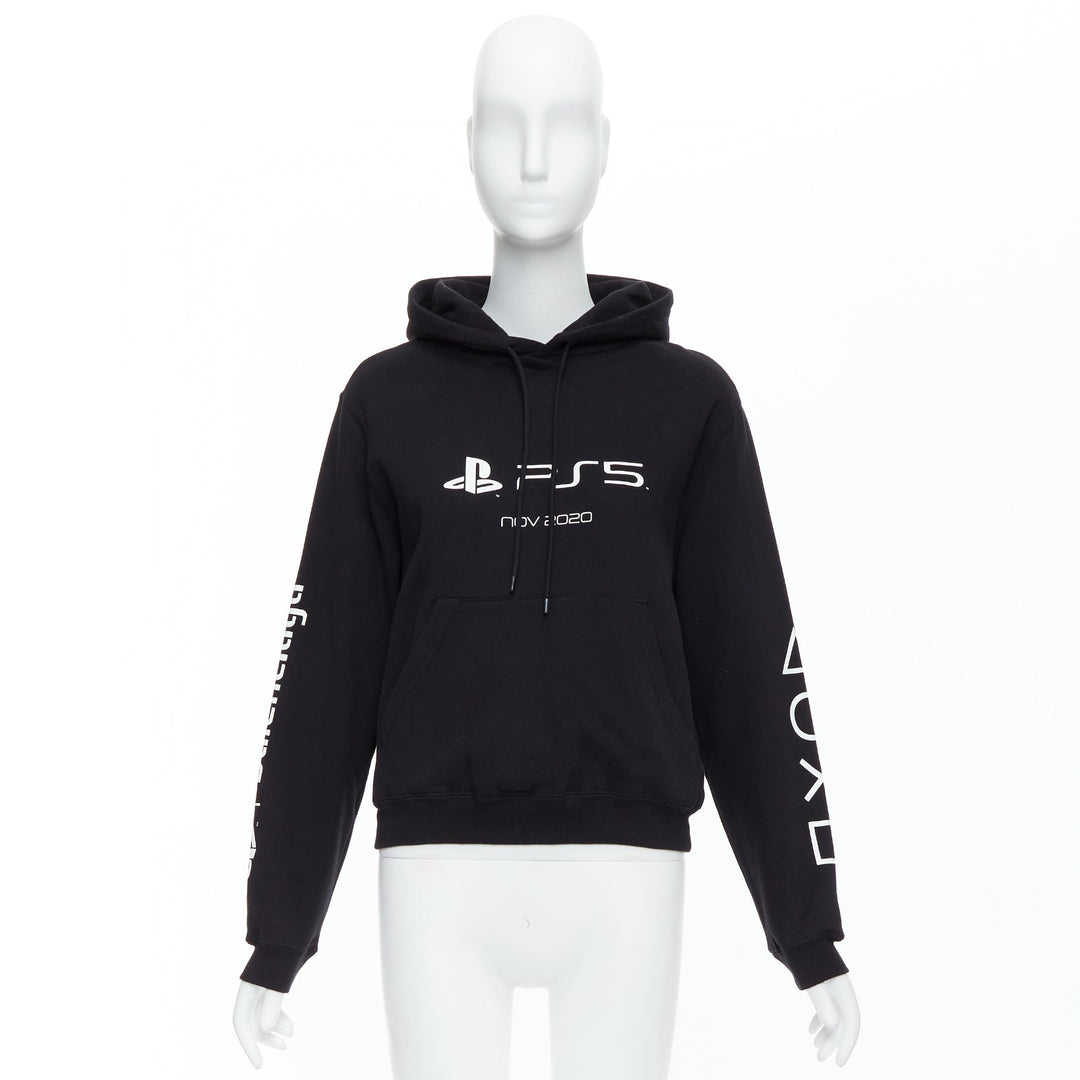 BALENCIAGA Demna 2021 black cotton white PS5 logo print hoodie L