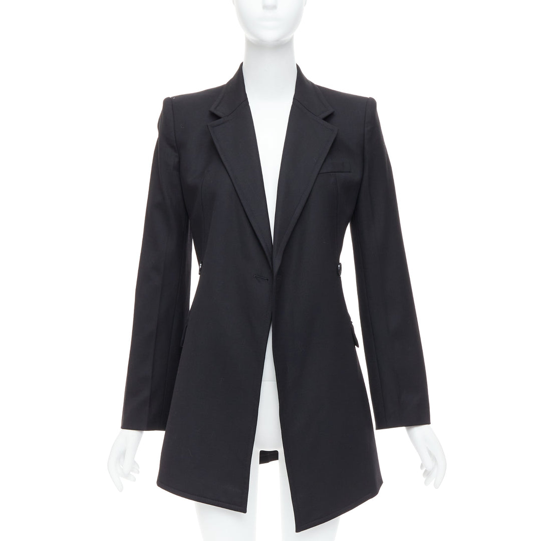 HELMUT LANG black virgin wool blend twill flare long blazer US0 XS