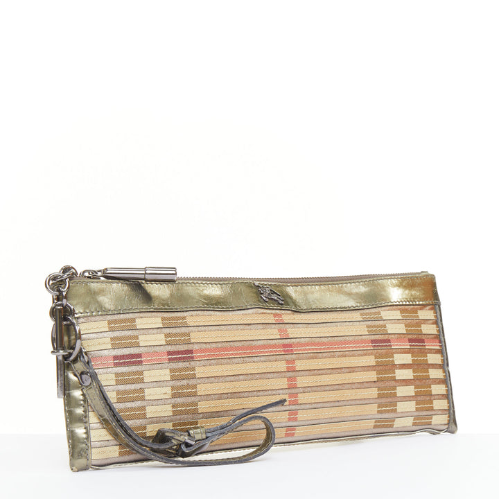 BURBERRY Nova Check metallic gold leather House Check applique zip clutch bag