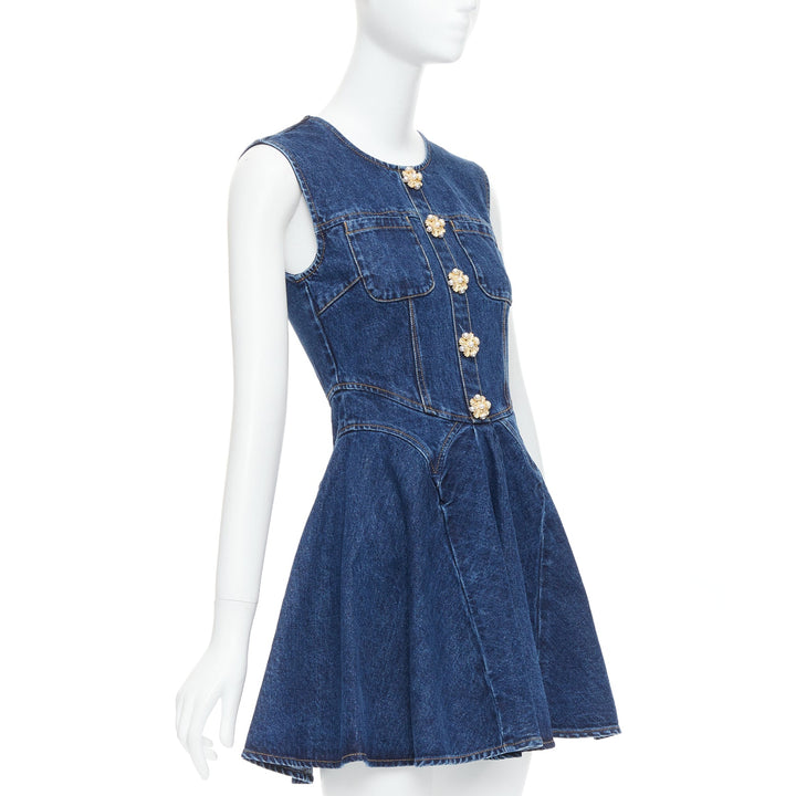 SELF PORTRAIT 2024 Denim Skater blue cotton gold buttons mnini dress UK6 XS