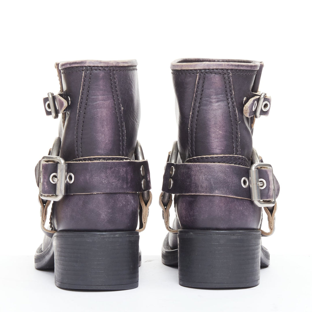 MIU MIU 2025 distressed washed black leather moto harness ankle boots EU36