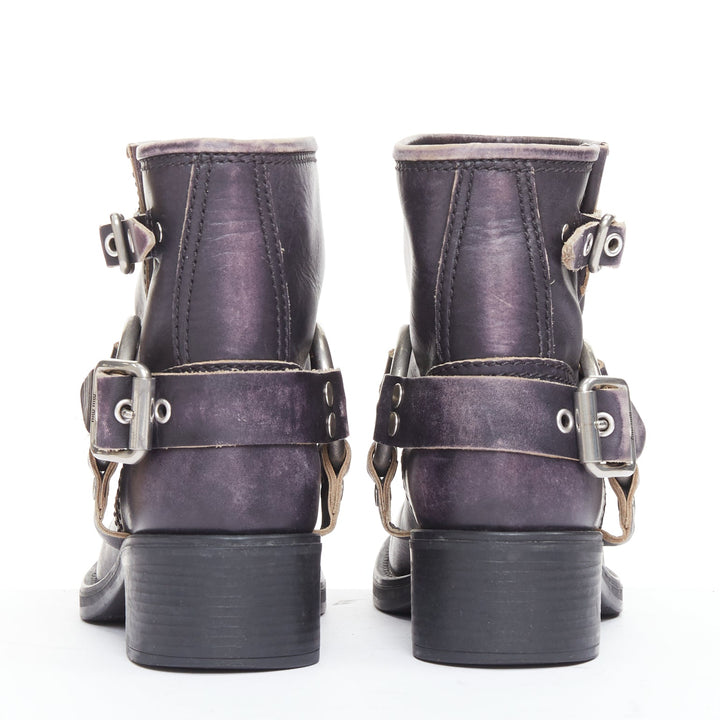MIU MIU 2025 distressed washed black leather moto harness ankle boots EU36