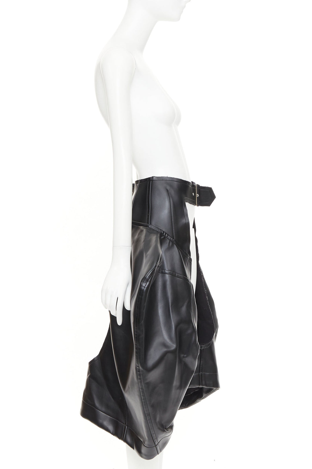rare COMME DES GARCONS 2019 Runway black pleather cutout chaps pannier skirt M