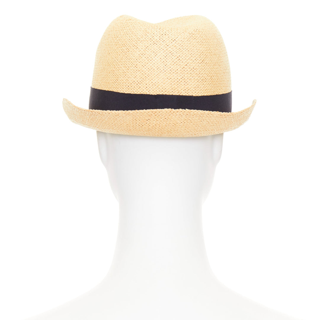 CHANEL beige raffia curled brim navy ribbon CC logo trilby hat M