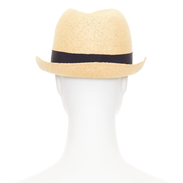 CHANEL beige raffia curled brim navy ribbon CC logo trilby hat M