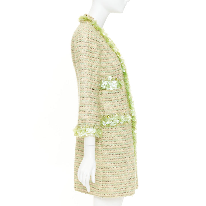 MARC JACOBS Runway green cream wool tweed boucle glass pailette coat US0 XS