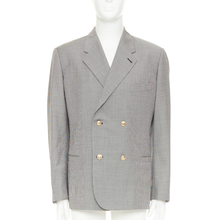 VERSACE grey wool micro houndstooth gold Medusa double breasted blazer EU50 L