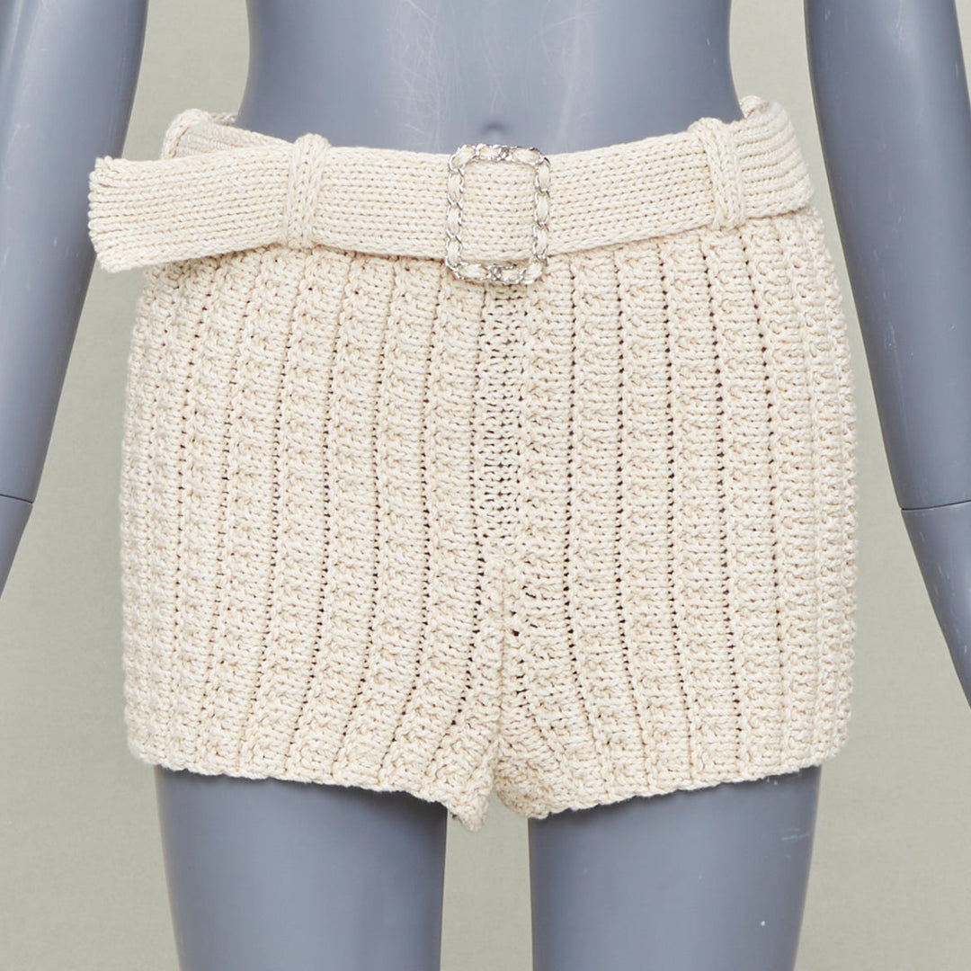 CHANEL 2025 Runway beige chain buckle belted textured ribbed knit shorts FR34 XS