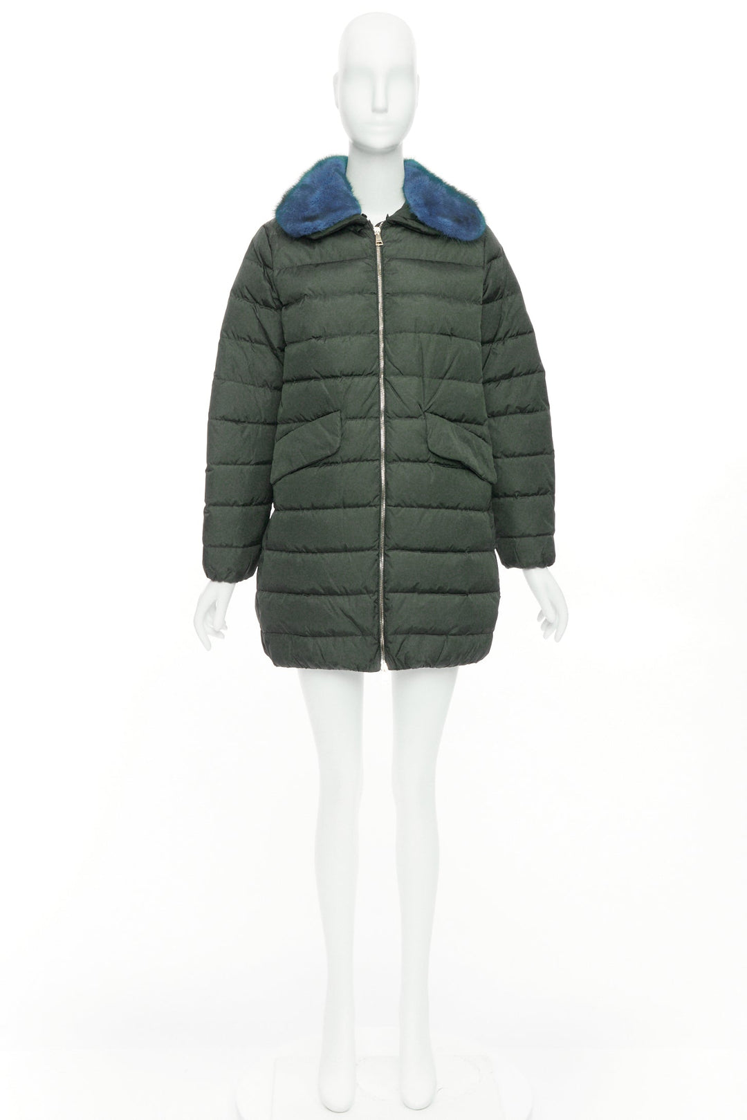 MONCLER Indis Giabotto blue fur collar khaki quilt puffer jacket Sz1