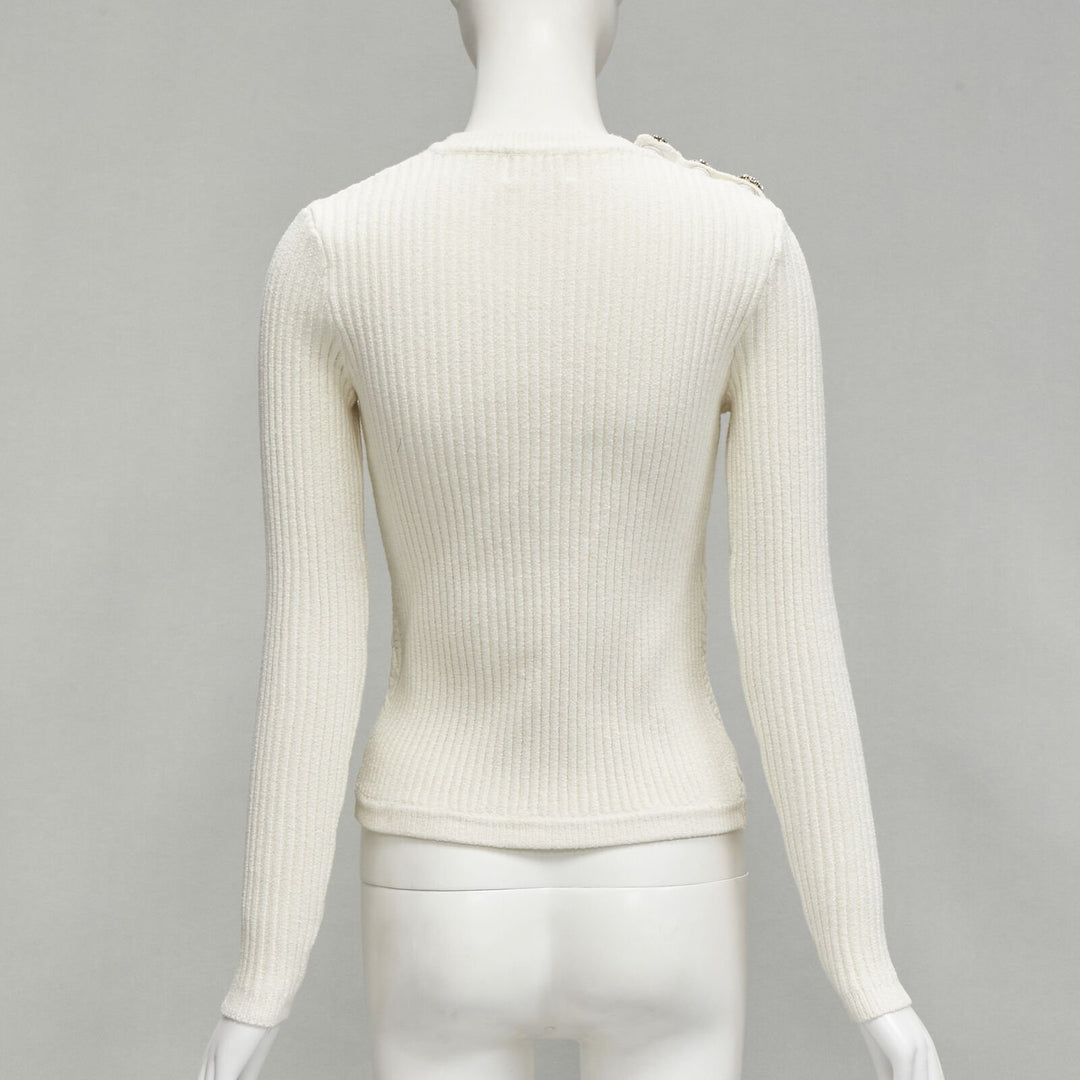 GANNI ivory crystal button textured knit cotton blend sweater top XS