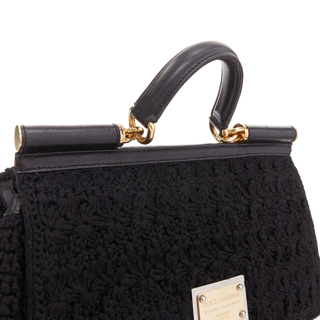 DOLCE GABBANA Sicily black crochet leather gold hardware top handle satchel bag