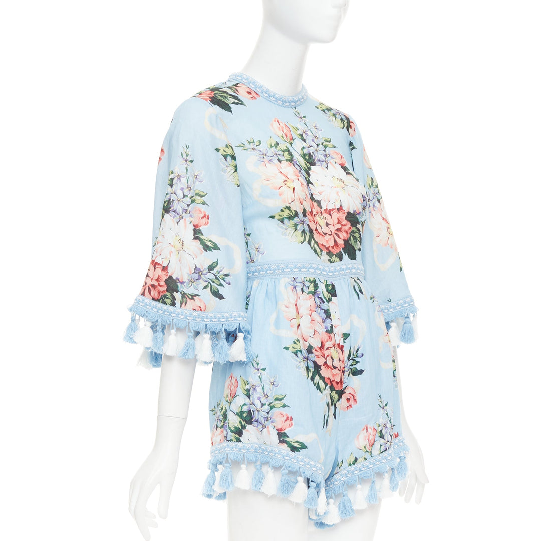 ALICE MCCALL Magic Moment blue linen floral fringed trim playsuit UK6 XS