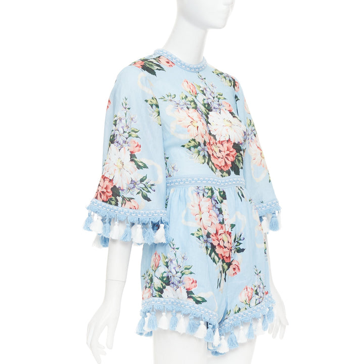 ALICE MCCALL Magic Moment blue linen floral fringed trim playsuit UK6 XS
